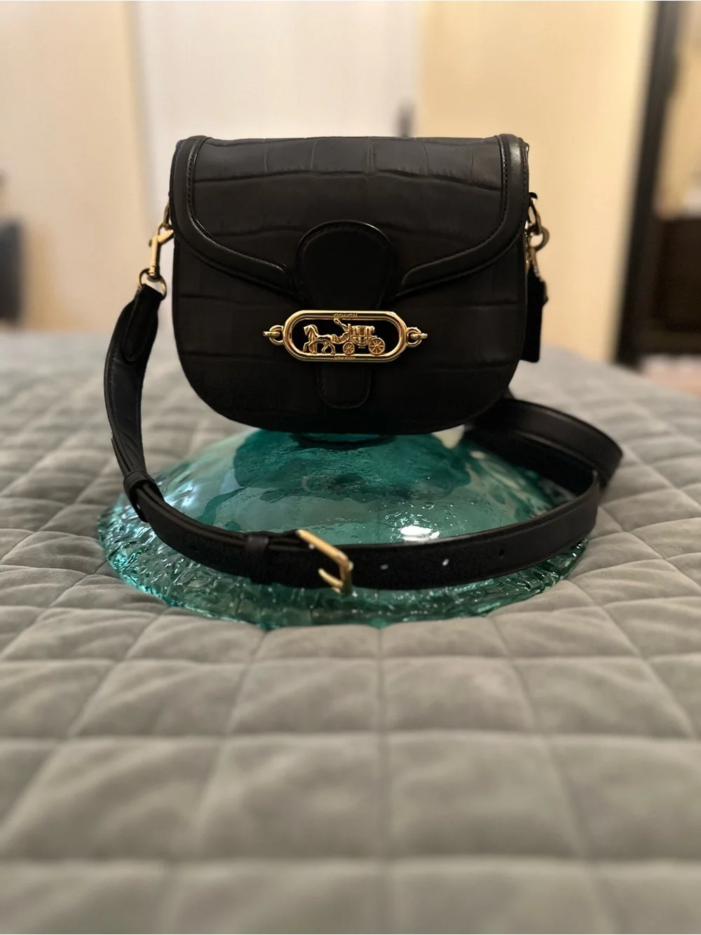 COACH Jade Saddle Bag Black Crocodile Embossed Leather Crossbody 91068